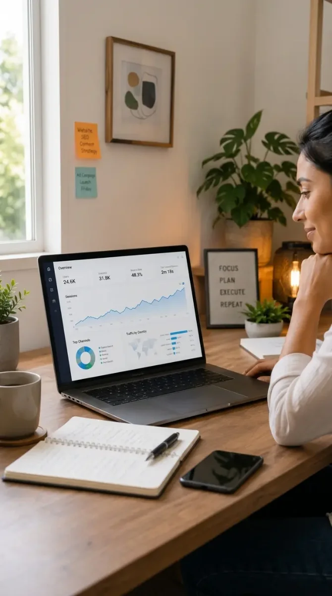 Small business owner reviewing analytics